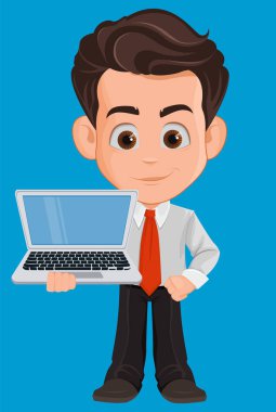 İş adam çizgi film karakteri. Sevimli genç işadamı dizüstü tutan office giysili. Vektör çizim