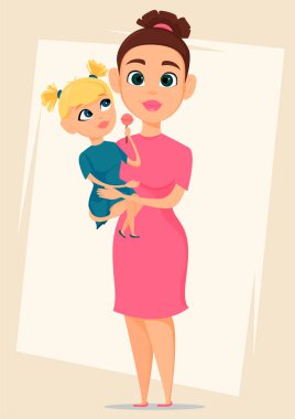 Mutlu Anneler Günü tebrik kartı. Kızı tutan anne. En iyi anne, annem hiç sevimli. Lezzetli şeker ile kızı. Anne, aşk, çocuk - hisse senedi vektör