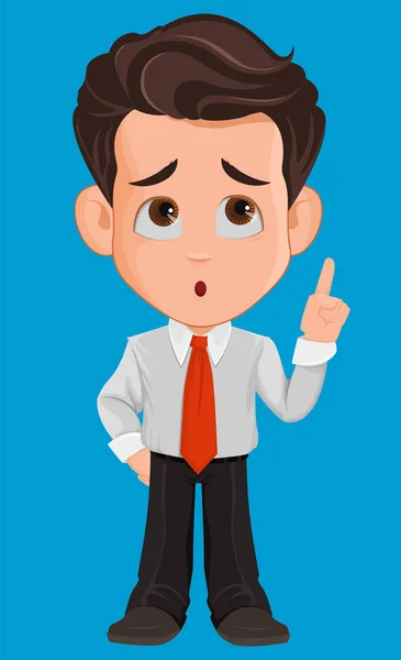 Business man cartoon character. Cute young businessman in office clothes thinking over idea. Brainstorming. Vector illustration — Stock Vector