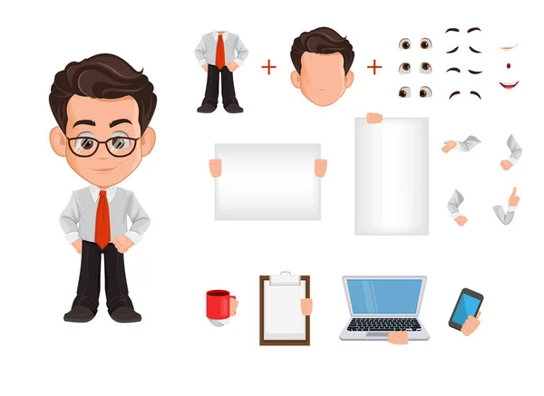 Hombre de negocios creación de personajes de dibujos animados conjunto, constructor. Lindo joven hombre de negocios en ropa de oficina. Ilustración vectorial — Vector de stock