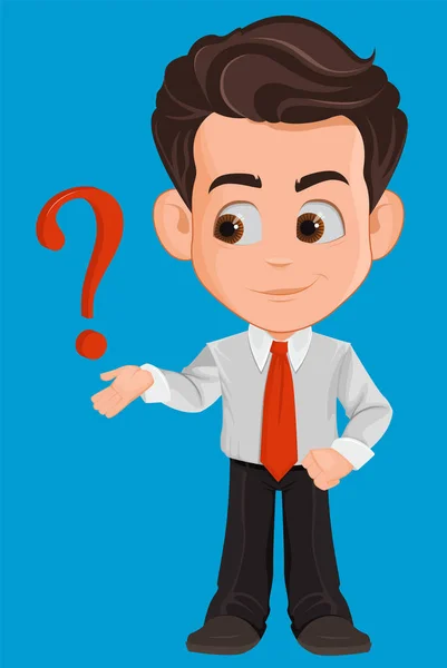 Business man cartoon character. Cute young businessman in office clothes having a question or problem, needs advise. Vector illustration — Stock Vector