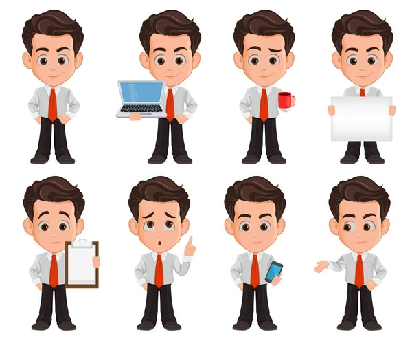 Geschäftsmann Zeichentrickfigur. Set mit acht Abbildungen. Netter junger Geschäftsmann in Bürokleidung. Vektorillustration — Stockvektor