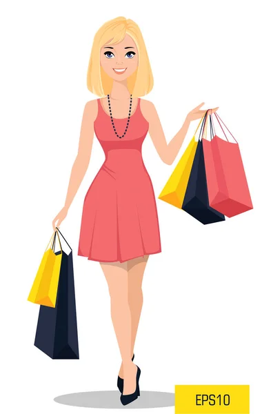 Krásná žena s taškami. Atraktivní kreslené dívky v krásných šatech na nákupy. Vektorové ilustrace — Stockový vektor