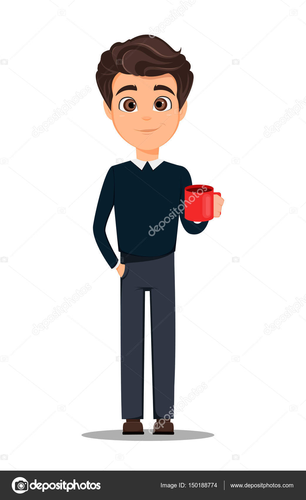 Business man cartoon character. Young handsome smiling businessman in smart  casual clothes with cup of hot coffee, having a rest while coffee-break -  stock vector Stock Vector Image by ©VectorKIF #150188774