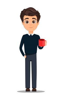 İş adam çizgi film karakteri. Sıcak kahve ile akıllı rahat kıyafetler içinde genç yakışıklı gülümseyen işadamı bir dinlenme sırasında kahve-break - hisse senedi vektör