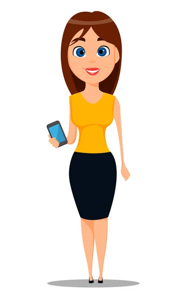 Donna d'affari personaggio cartone animato. Giovane donna d'affari attraente in abiti casual intelligenti in piedi con smartphone - vettore stock — Vettoriale Stock