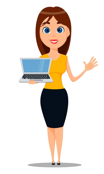 Personagem de desenhos animados de mulher de negócios. Jovem empresária atraente em roupas casuais inteligentes em pé com laptop - vetor de ações — Vetor de Stock