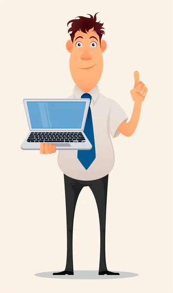 Obchodní muž kreslená postava. Usmívající se podnikatel v úřadu košili a kalhoty drží laptop a zobrazeno ukazovací gesto, že nápad - vektorové — Stockový vektor