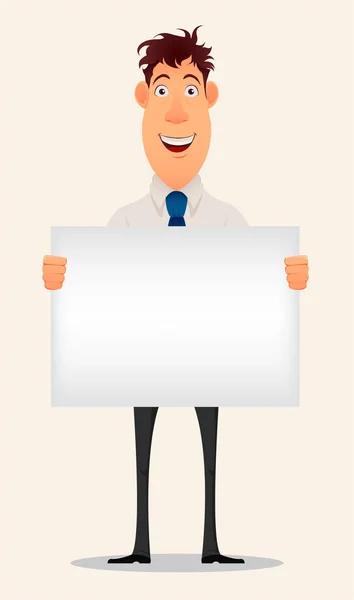 Hombre de negocios personaje de dibujos animados. Hombre de negocios sonriente con camisa de oficina y pantalones sosteniendo el signo en blanco - vector de stock — Vector de stock