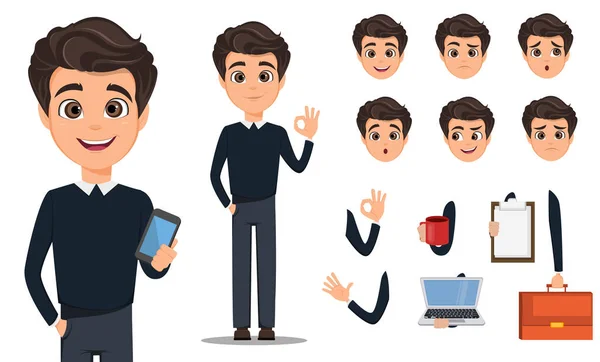 İş adam karikatür karakter oluşturma küme. Genç yakışıklı gülümseyen iş adamı akıllı rahat içinde. Kişisel Tasarım - hisse senedi vektör oluşturmak