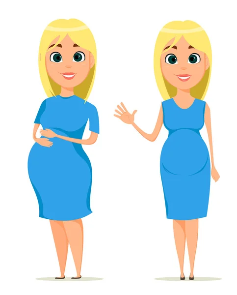 可爱孕妇穿着蓝色衣服。美丽的金发怀孕女孩，站在两个姿势，设置。快乐的母亲节。卡通人物。矢量图. — 图库矢量图片