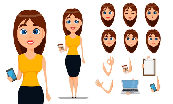 Mujer de negocios creación de personajes de dibujos animados conjunto. Joven mujer de negocios atractiva en ropa casual inteligente. Construir su diseño personal - vector de stock — Archivo Imágenes Vectoriales