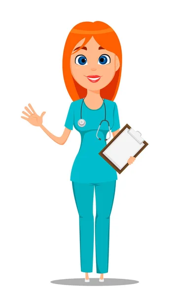 Verpleegkundige, medische werknemer in blauwe uniform (tuniek en broek) met de stethoscoop, klembord houden en zwaaien van de hand. Schattige cartoon karakter. Vectorillustratie op witte achtergrond. — Stockvector
