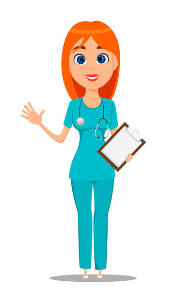 Nurse, medical worker in blue uniform (tunic and trousers) with stethoscope, holding clipboard and waving hand. Cute cartoon character. Vector illustration on white background.