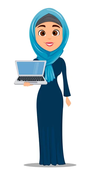 Αραβικά γυναίκα εκμετάλλευση laptop. Χαρακτήρα κινουμένων σχεδίων χαριτωμένο επιχειρηματίας. Διάνυσμα απόθεμα — Διανυσματικό Αρχείο