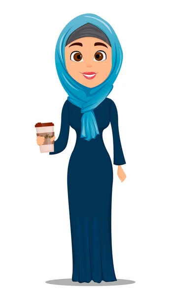 Femme arabe avec café. Businesswoman personnage de dessin animé. Vecteur de stock — Image vectorielle