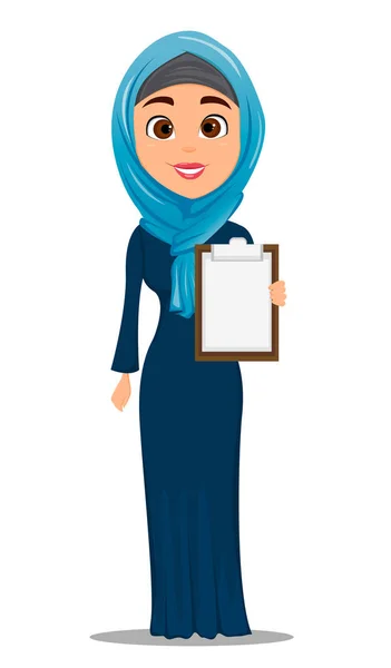 Femme arabe tenant un presse-papiers vierge. Mignon personnage de dessin animé femme d'affaires. Vecteur de stock — Image vectorielle