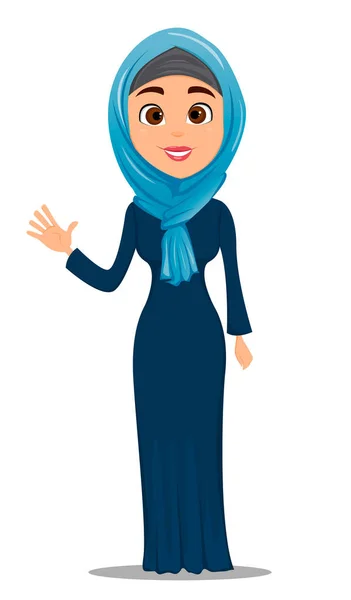 Una donna araba che saluta. Carino personaggio dei cartoni animati donna d'affari. Vettore di stock — Vettoriale Stock