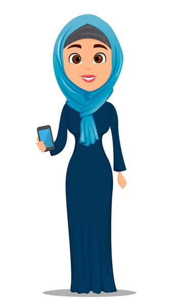 Mujer árabe sosteniendo smartphone. Lindo personaje de dibujos animados mujer de negocios. vector de stock — Vector de stock