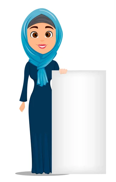 Mujer árabe de pie cerca de un gran cartel en blanco. Lindo personaje de dibujos animados mujer de negocios. vector de stock — Vector de stock