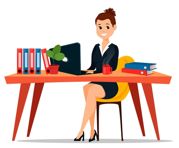 Mujer de negocios sentada a la mesa. Lindo personaje de dibujos animados mujer de negocios. Existencias de vectores — Vector de stock