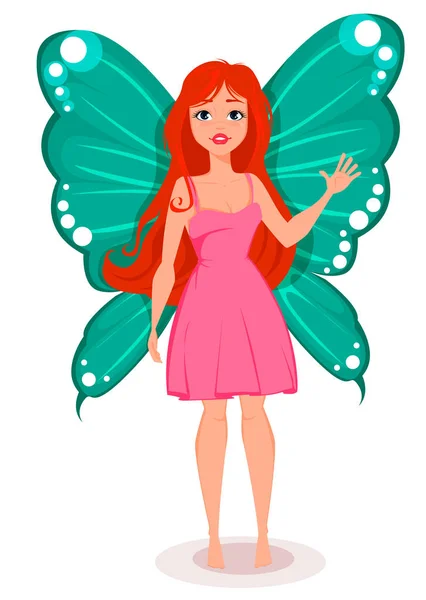 Hada con alas de mariposa. Hermoso personaje de dibujos animados pelirroja. vector de stock — Archivo Imágenes Vectoriales