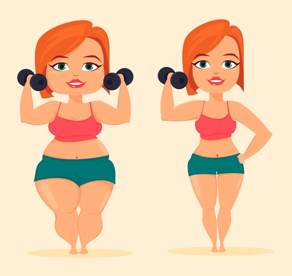 Женщина делает упражнения с гантелями. Толстая и стройная девушка до и после потери веса. Симпатичный мультяшный персонаж. Вектор запаса — стоковый вектор