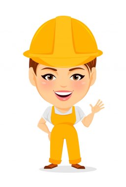 Oluşturucu kadın. Komik kadın işçi büyük Merhaba jest gösterilen kafa ile. Komik karikatür karakter repairer. Vektör çizim.