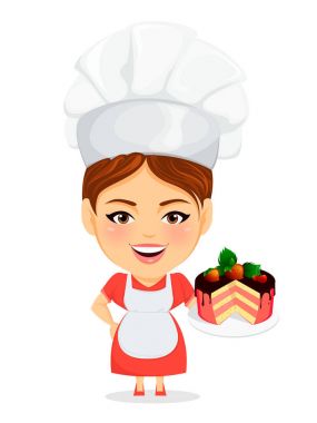 Kadın, kadın Usta şef aşçı. Koca kafa tutan lezzetli kek çikolata, kiraz ve çilek ile komik çizgi film karakteri. Mizahi vektör çizim.