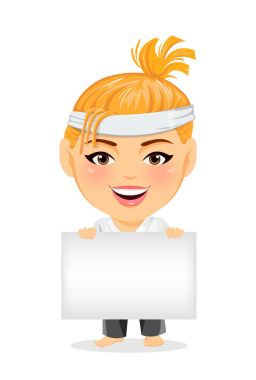 Kimono karate kadın. Komik çizgi film karakteri koca kafa ile boş işaret tutan gülümseyerek. Vektör çizim.