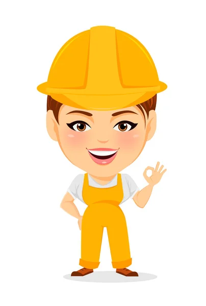 Mujer constructora. Funny trabajadora con la cabeza grande mostrando gesto OK. Humorístico personaje de dibujos animados. Ilustración vectorial . — Archivo Imágenes Vectoriales