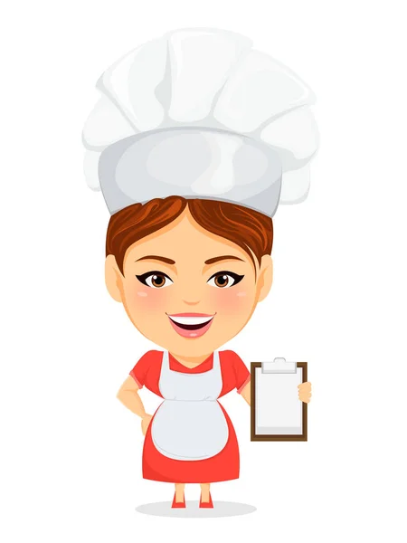 Mujer cocinera, chef maestra. Divertido personaje de dibujos animados con cabeza grande sosteniendo portapapeles en blanco. Ilustración vectorial humorística . — Archivo Imágenes Vectoriales
