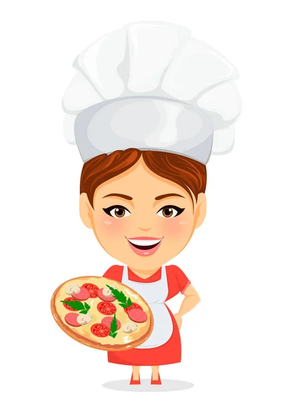 Cook woman, female master chef. Funny cartoon character with big head holding tasty pizza. Humorous vector illustration. — Stock Vector