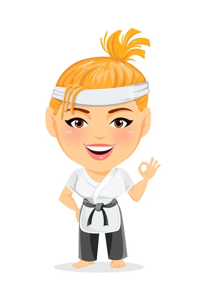 Karate vrouw in kimono. Lachende grappige cartoon karakter met groot hoofd weergegeven: Ok gebaar. Vectorillustratie. — Stockvector