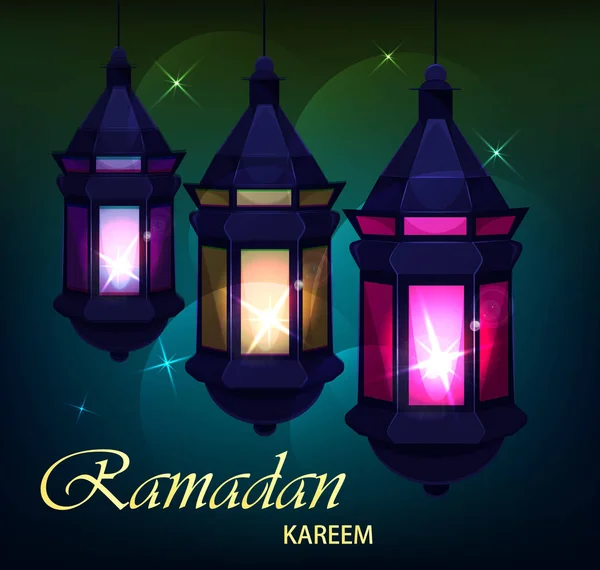 Ramadán Kareem hermosa tarjeta de felicitación con linternas árabes tradicionales sobre fondo borroso de color. Utilizable para Eid Mubarak. vector de stock — Vector de stock