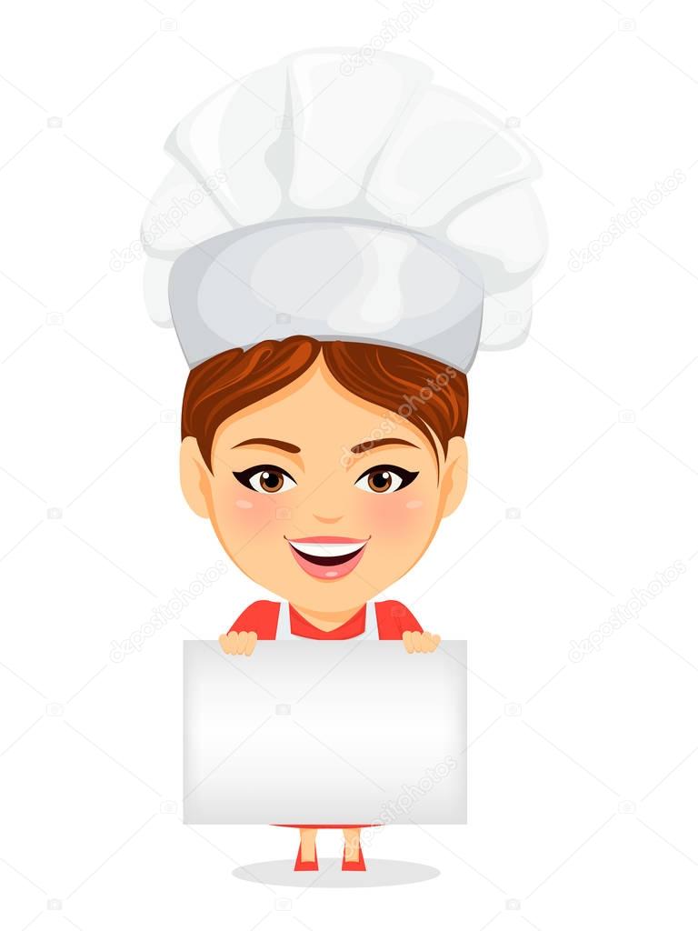 Cook woman, female master chef. Funny cartoon character with big head holding blank sign or banner. Humorous vector illustration.
