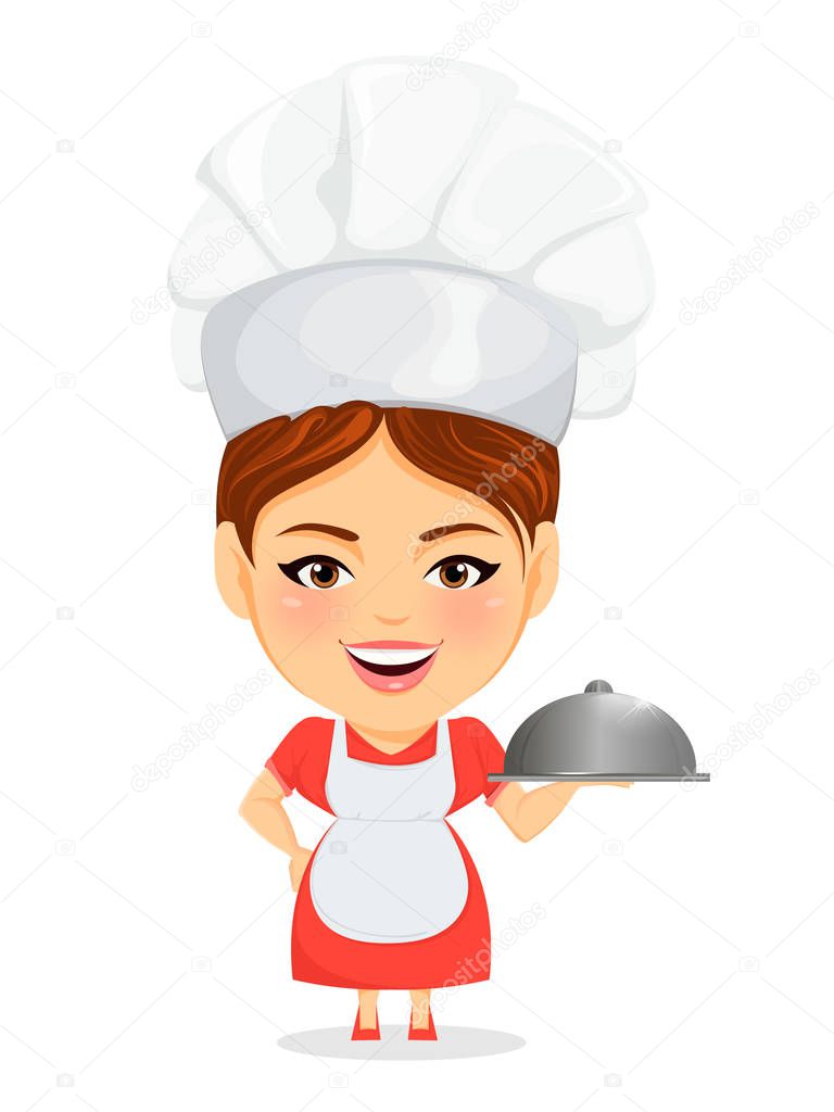 Cook woman, female master chef. Funny cartoon character with big head holding restaurant cloche. Humorous vector illustration.