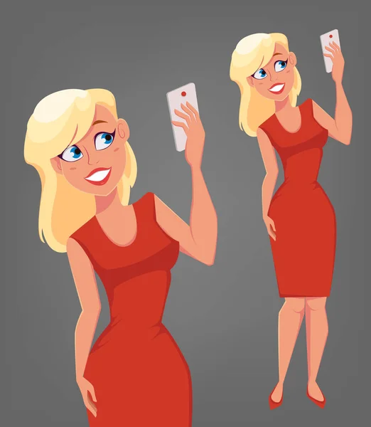 Beautiful blonde woman with big blue eyes holding phone and taking selfie. Cute cartoon character. Vector illustration. — Stock Vector