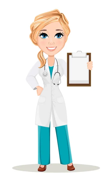 Γυναίκα γιατρό σε ιατρική φόρεμα με στηθοσκόπιο. Χαριτωμένα κινούμενα σχέδια χαρακτήρα γιατρό. Εικονογράφηση διάνυσμα. Eps10 — Διανυσματικό Αρχείο