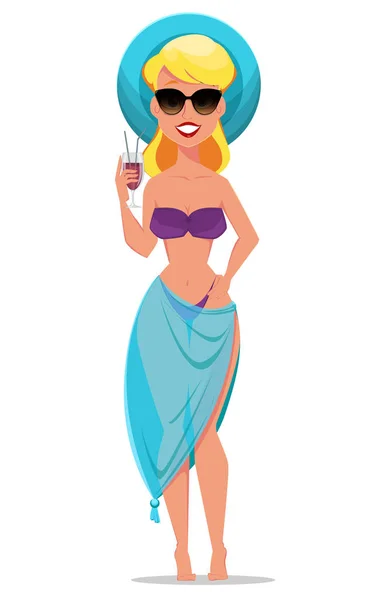 Beautiful woman with cocktail on vacation. Vector illustration — Stock Vector