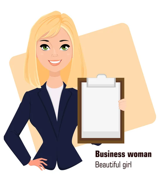 Joven mujer de negocios de dibujos animados con ropa de estilo empresarial. La señora moderna rubia a la moda. Hermosa chica sujetando portapapeles. Ilustración vectorial. EPS10 — Vector de stock