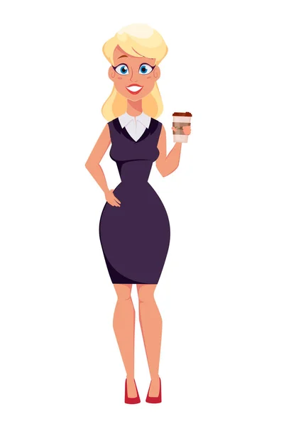 Unga tecknad affärskvinna står med kaffe medan kaffepaus. Vacker flicka. Vektorillustration. Eps10 — Stock vektor