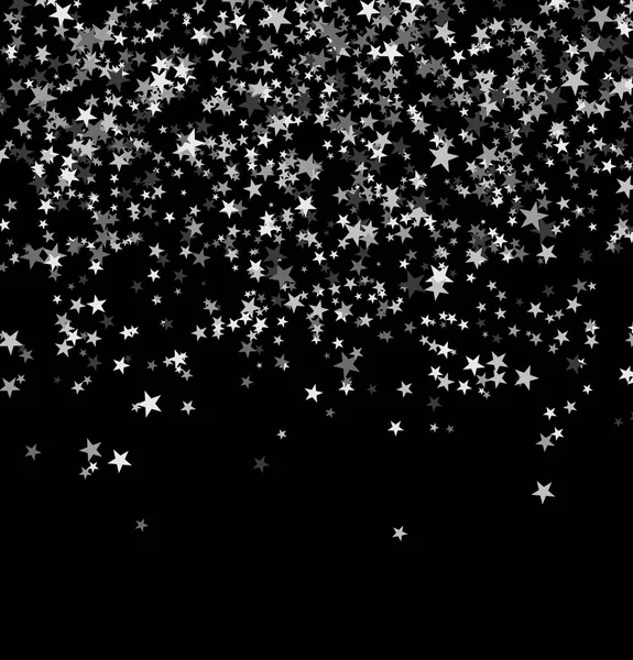 Estrellas de plata cayendo del cielo sobre fondo negro. Resumen Antecedentes. Patrón de brillo para banner. Ilustración vectorial . — Vector de stock