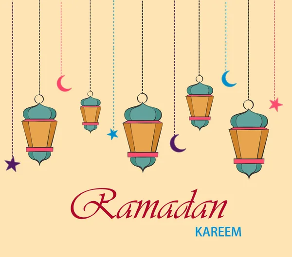 Tarjeta de felicitación Ramadán Kareem para vacaciones. Faroles colgantes, estrellas y lunas. Ilustración vectorial coloreada. Festival tradicional musulmán . — Vector de stock