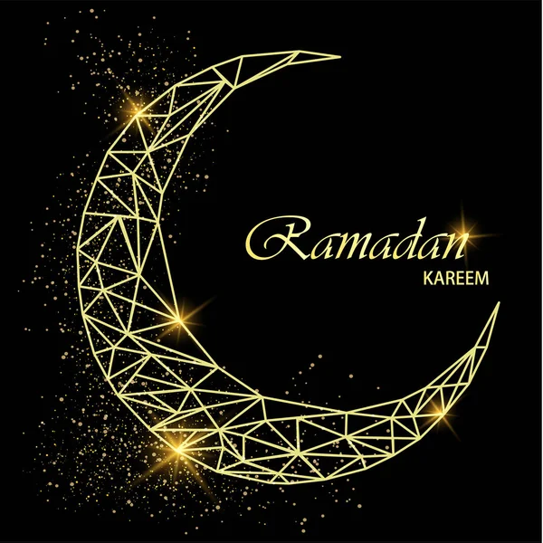 Ramadán Kareem hermosa tarjeta de felicitación con luna dorada poligonal con brillo sobre fondo negro. vector de stock — Vector de stock