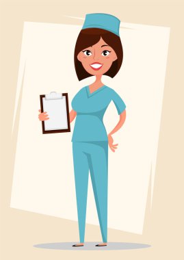 Doktor, tıbbi işçi mavi üniformalı hastalığı geçmişi tutarak. Sevimli çizgi film karakteri. Beyaz arka plan üzerinde izole vektör çizim.