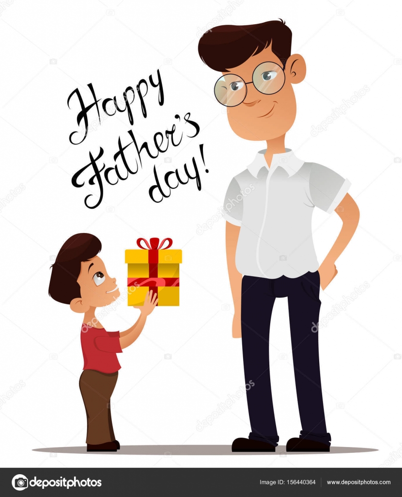 Happy Fathers Day greeting card. Son giving present to his father on holiday. Cute cartoon characters. Vector illustration on white background. Stock Vector Image by ©VectorKIF #156440364 Happy Fathers Day greeting card. Son giving present to his father on holiday. Cute cartoon characters. Vector illustration on white background. Stock Vector Image by ©VectorKIF #156440364