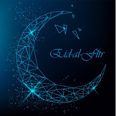 Eid Al Bayramı güzel tebrik kartı glitter üzerinde mavi arka plan ile poligonal moon ile. Hisse senedi vektör