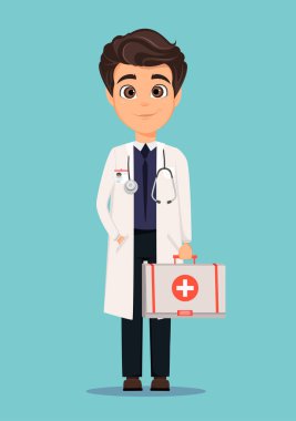 İlk yardım çantası elinde beyaz paltolu tıp doktoru. Vektör çizim. Eps10 