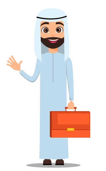 Homem árabe vestido de branco. Personagem de desenho animado bonito mostrando Olá sinal e segurando pasta. Ilustração vetorial —  Vetores de Stock